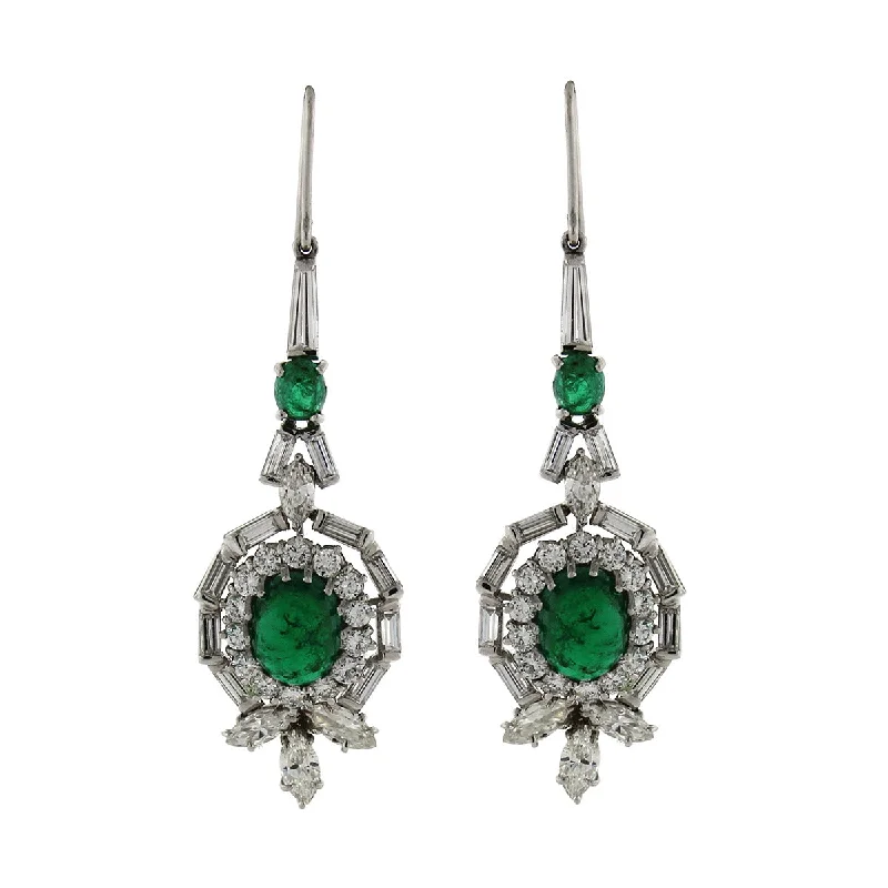 women’s intricate earrings-Platinum Cabochon Emerald and Diamond Drop Earrings