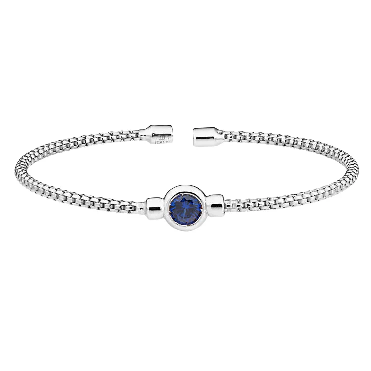 women’s charm bracelets-Rhodium Finish Sterling Silver Rounded Box Link Cuff Bracelet with Bezel Set Simulated Sapphire Birth Gem