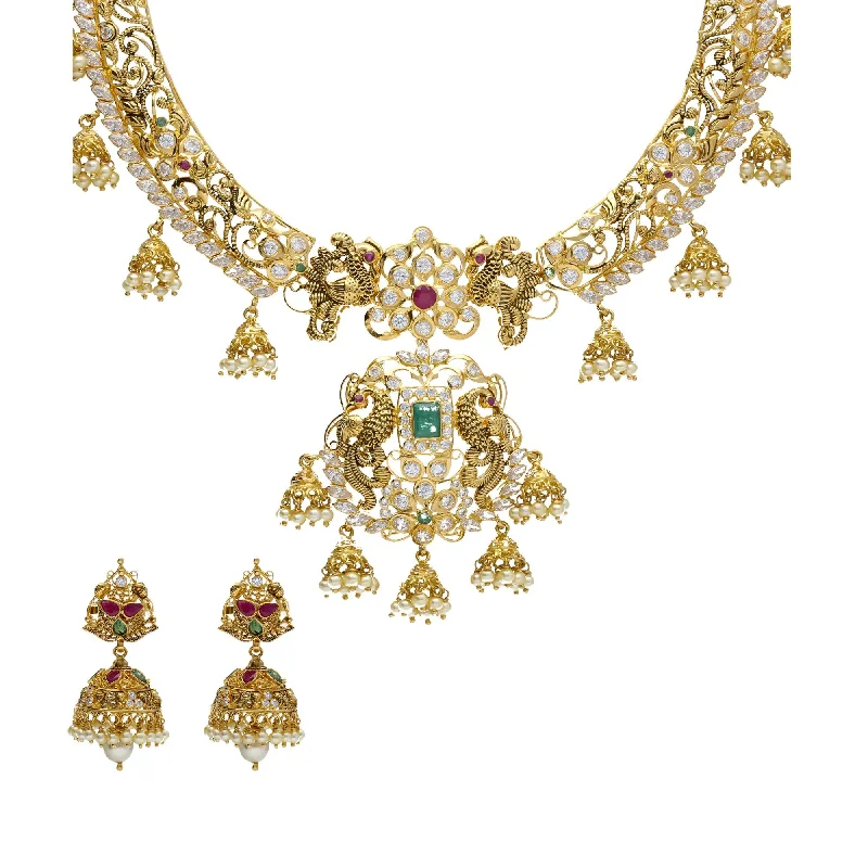 women’s platinum necklaces-22K Yellow Antique Gold Necklace & Jhumki Earrings Set W/ Jhumki Charms, Peacock Accents, Pearls, Rubies, Emeralds & Pachi CZ