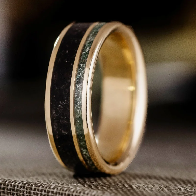 women’s halo diamond engagement rings-The Rune | Men's Gold Wedding Band with Moss Agate & Obsidian