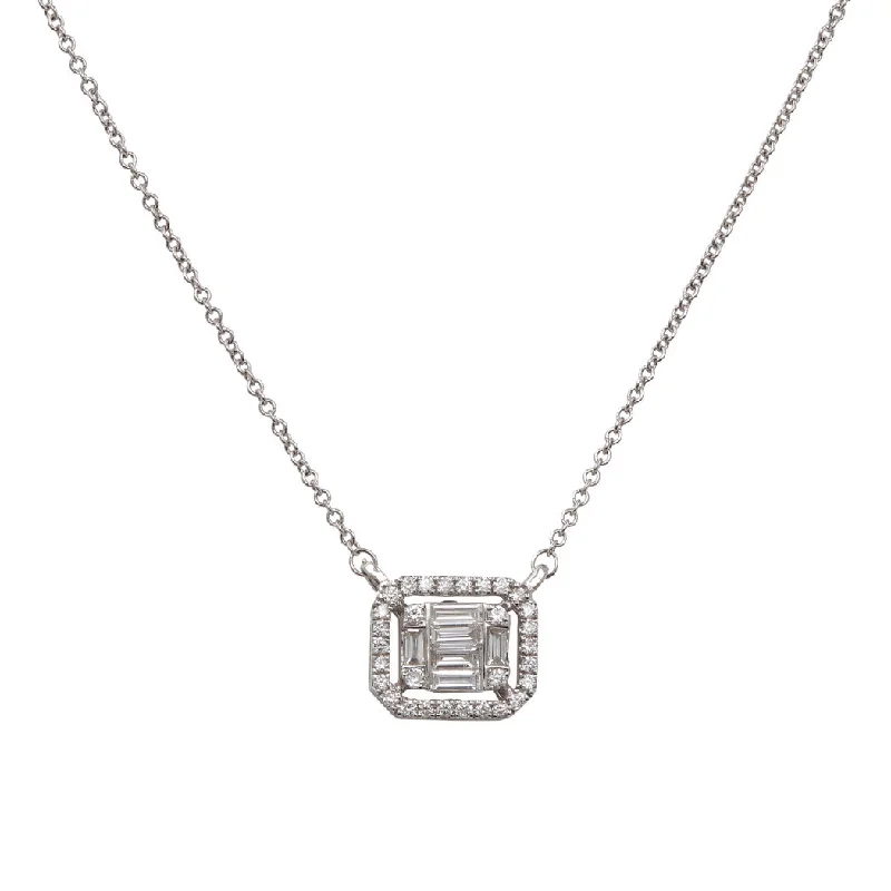 women’s pearl and diamond necklaces-Baguette Diamond and Halo Necklace, 18K White Gold