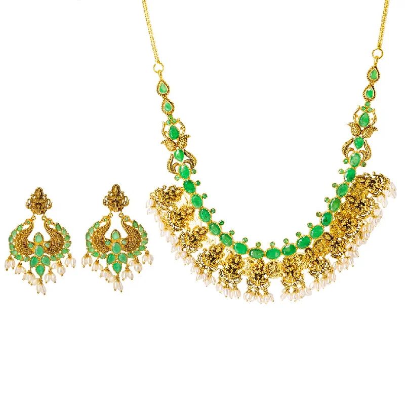 women’s vintage pendant necklaces-22K Yellow Gold Temple Guttapusalu Necklace Set W/ Emeralds, CZ Gems, Laxmi Kasu & Laxmi Accents