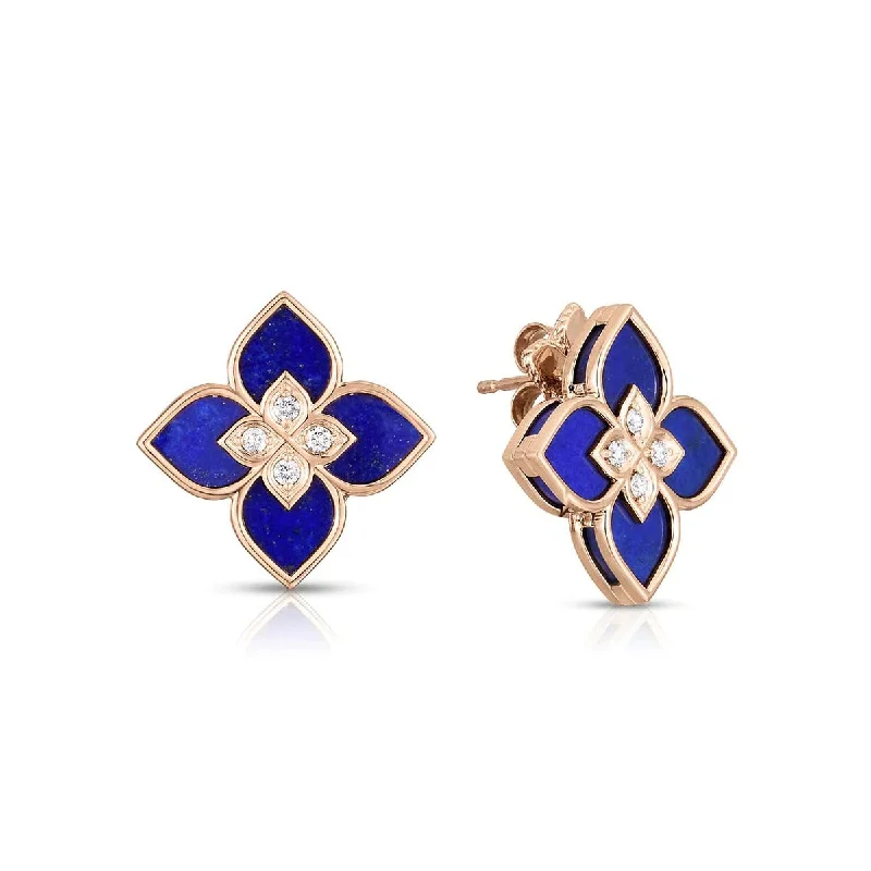 women’s small earrings-Large Flower Blue Lapis and Diamond Stud Earrings