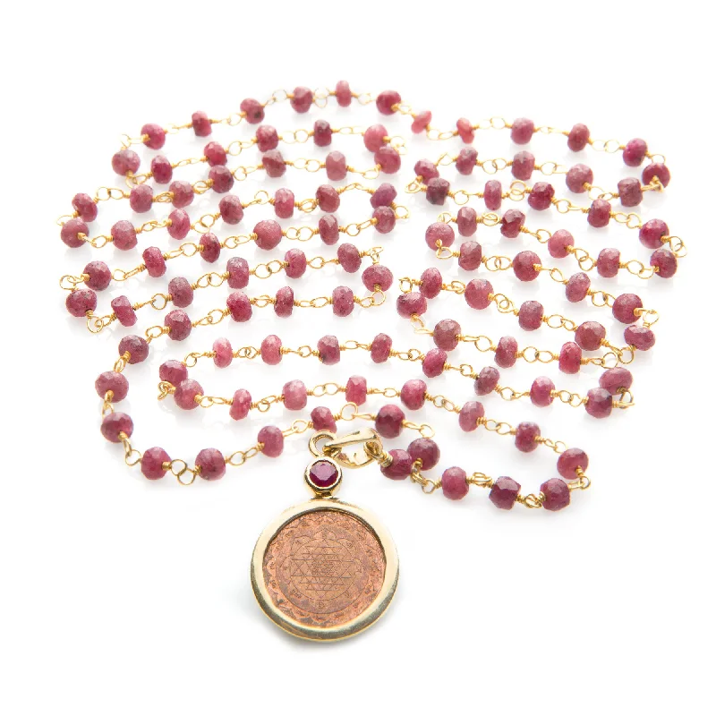 women’s personalized necklaces-Sri Yantra Pendant Necklace on Ruby Mala