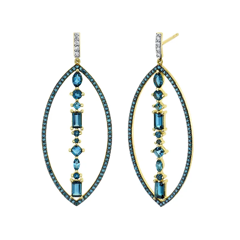 women’s silver earrings-London Blue Topaz, Blue and White Diamond Drop Earrings