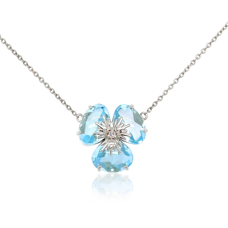 women’s pendant necklaces-Blue Topaz Flower Pansy Necklace, 18K White Gold