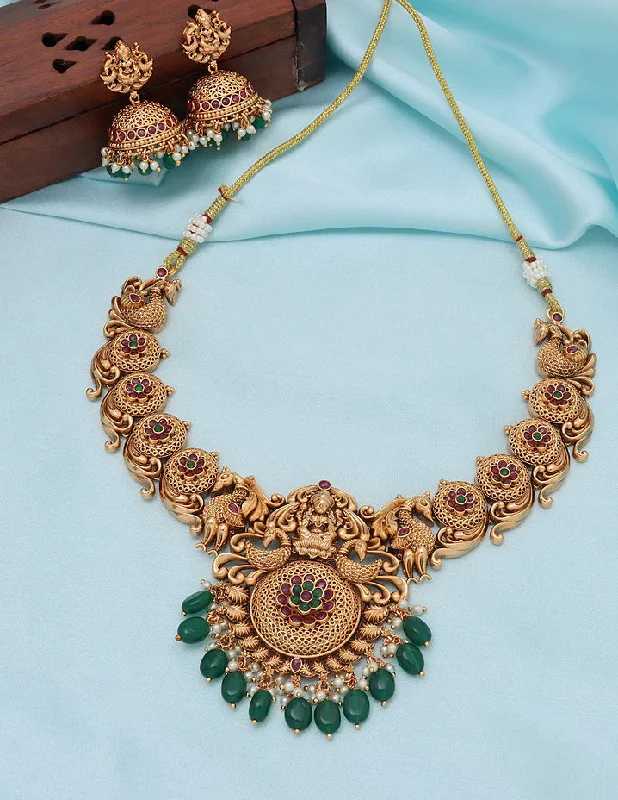 women’s platinum necklaces-Designer Matt Lakshmi Devi Ruby Emerald Necklace Set With Monalisa Beads