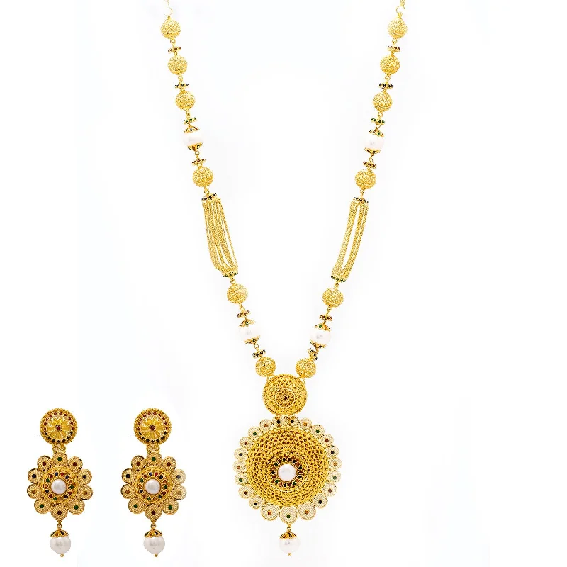 women’s diamond necklaces-22K Yellow Gold Necklace & Earrings Set W/ Emeralds, Rubies, CZ Gems, Sapphires & Pearls