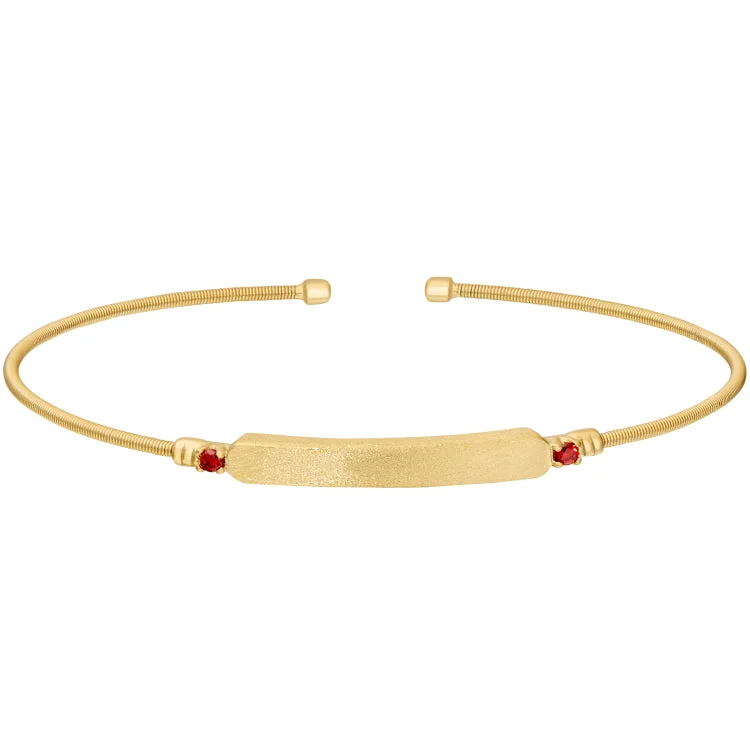 women’s square bangles-Gold Finish Sterling Silver Cable Cuff Bracelet with Name Plate and Simulated Garnet Birth Gems - January