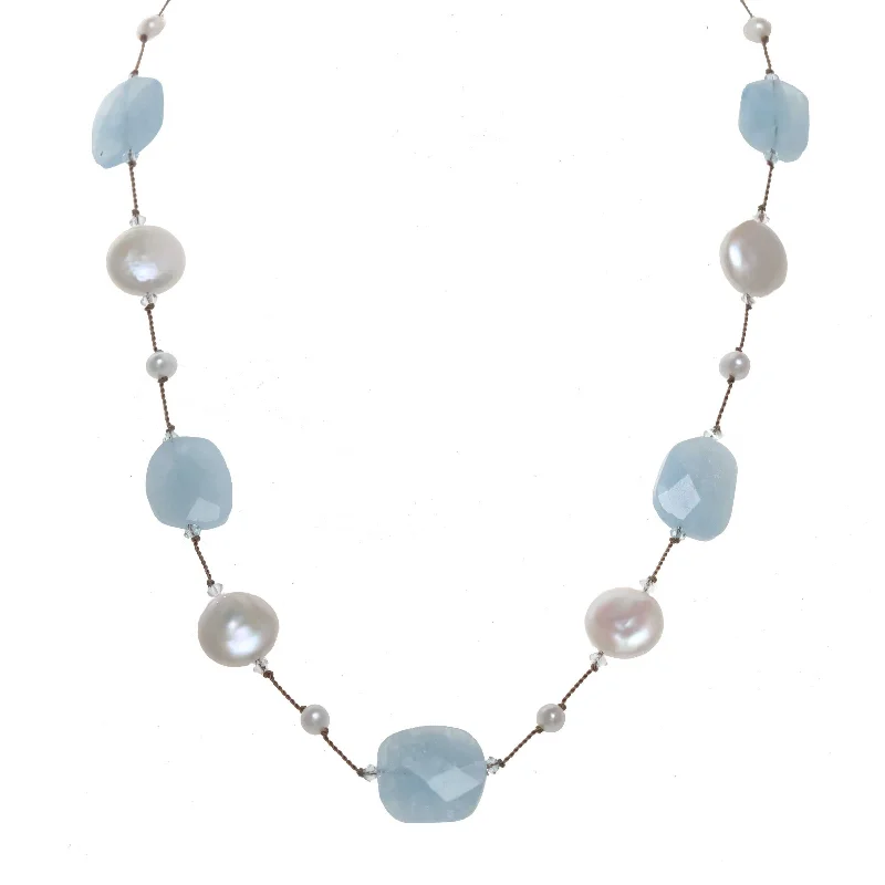 women’s romantic heart necklaces-Faceted Aquamarine and Freshwater "Coin" Cultured Pearl Necklace, 17 Inches