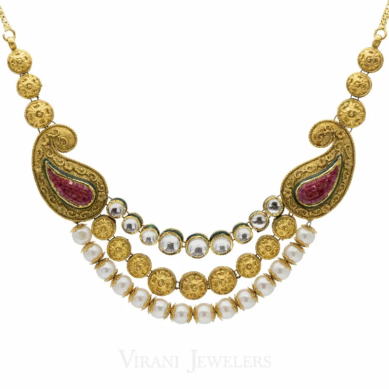 women’s amethyst necklaces-22K Gold Pearl Emerald Ruby Antique Necklace and Earrings Set