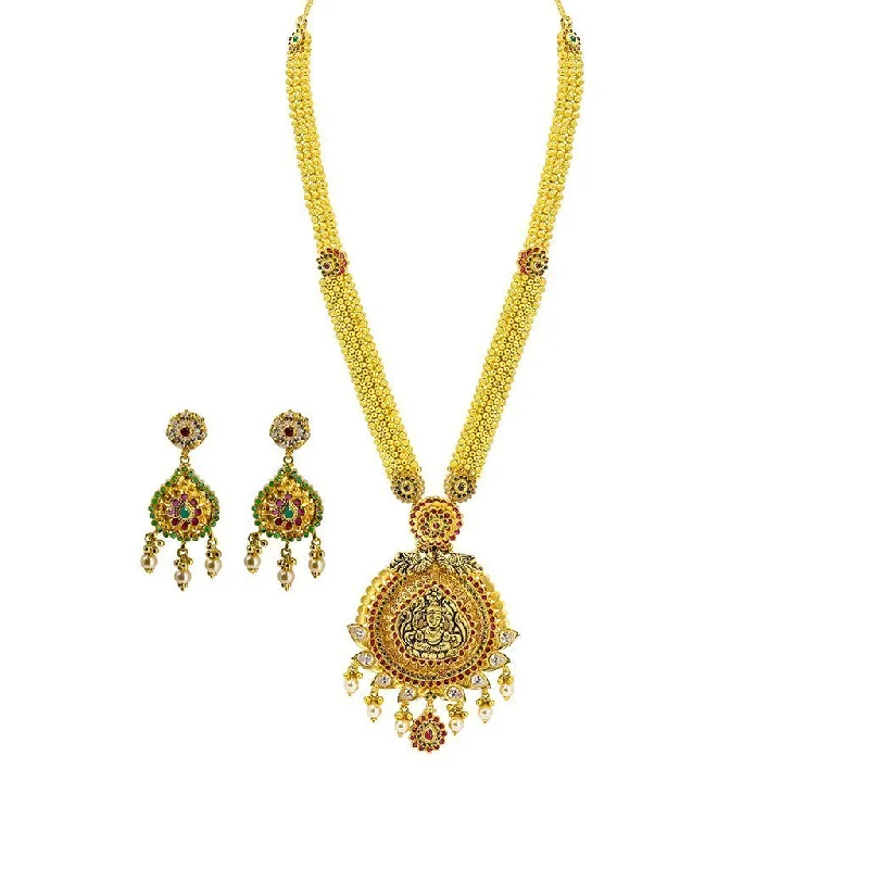 women’s gemstone necklaces-22K Yellow Gold Necklace & Earrings Set W/ Ruby, Emerald, CZ & Pearls on Thick Round Beaded Chain