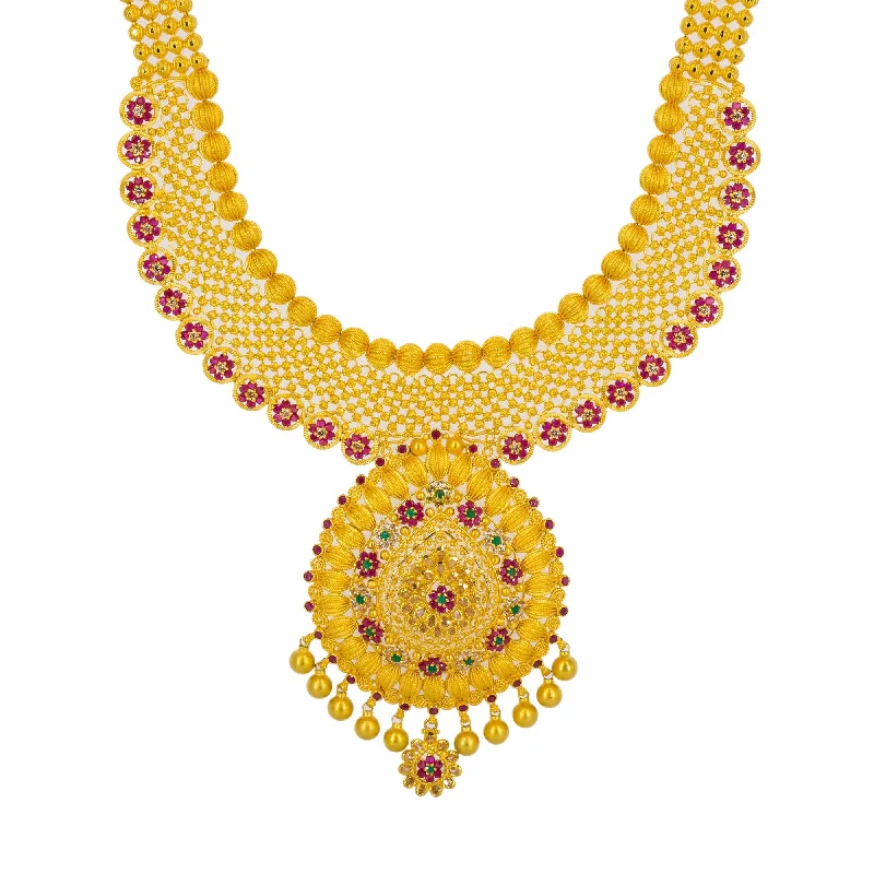 women’s fine necklaces-22K Yellow Gold Long Necklace & Jhumki Earrings Set W/ Emeralds, Rubies & CZ Gemstones