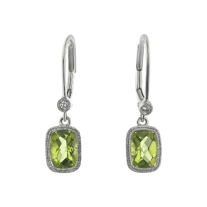 women’s wedding stud earrings-Peridot 14k White Gold Leverback Earrings with Diamonds