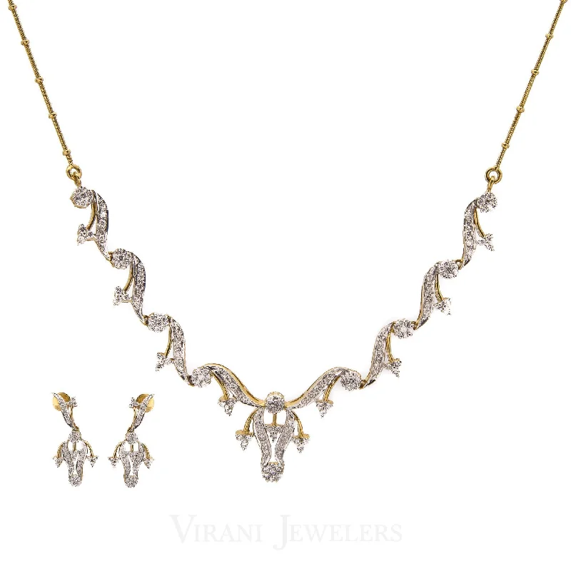 women’s layered charm necklaces-2.5CT Diamond Necklace and Earrings Set in 18K Yellow Gold W/ Floral Vine Design