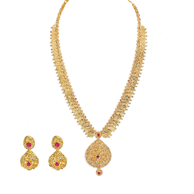 women’s birthstone necklaces-22K Yellow Gold Diamond Necklace & Earrings Set W/ 14.74ct Uncut Diamonds, Rubies & Laxmi Kasu on Deep V-Neck Pendant Necklace