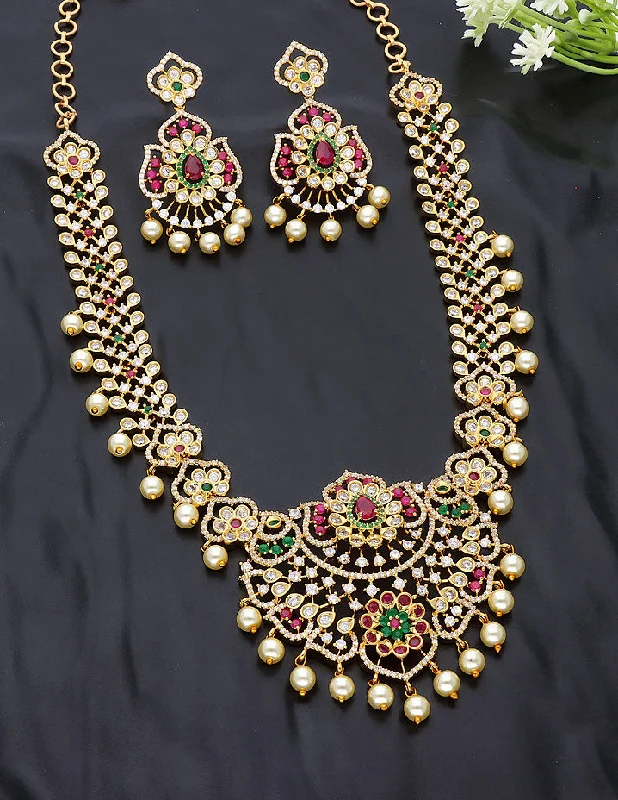 women’s trendy necklaces-Designer Zirconia Gold Polish Necklace Set