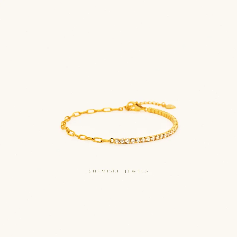 women’s gold bangles-Tiny Paper Clip Chain and Gem Links Bracelet, Silver or Gold Plated (6.25" + 1.25") SHEMISLI - SB005