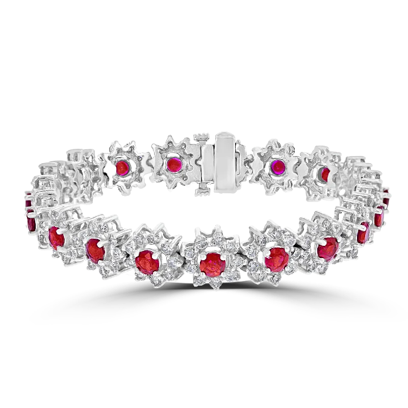 women’s leather bracelets-14KT GOLD 6.35 CTW RUBY & 5.62 CTW DIAMOND HALO BRACELET