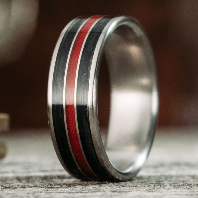 women’s gemstone halo engagement rings-The Thin Red Line | Men's Titanium Wedding Band with Whiskey Barrel & Red Line