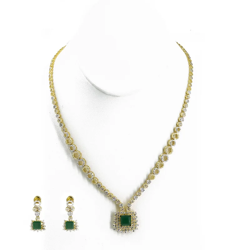 women’s long necklaces-18K Multi Tone Gold Diamond Earring & Necklace Set W/ VVS Diamonds & Emeralds on Square Pendant