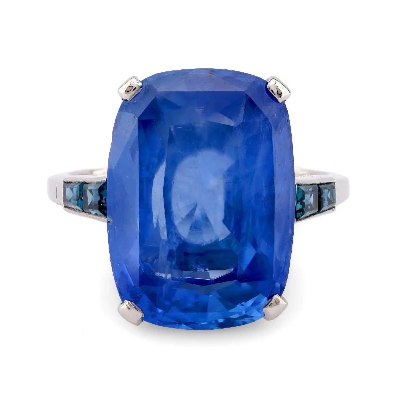 women’s high-end rings-Art Deco GIA 12.9 Carat Cushion Cut No Heat Sapphire Platinum Ring