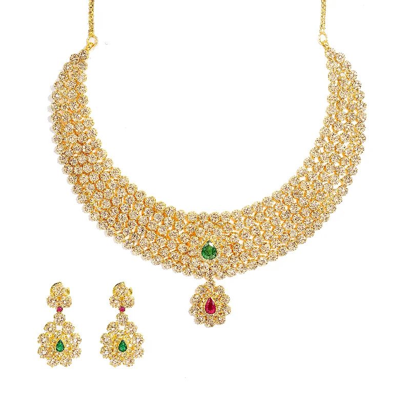 women’s statement chokers-22K Yellow Gold Diamond Necklace & Earrings Set W/ 38.54ct Uncut Diamonds, Rubies & Emeralds on Choker Necklace