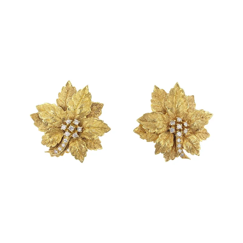 women’s sparkling earrings-Mid-Century 14K Gold Diamond Leaf Clip-on Earrings