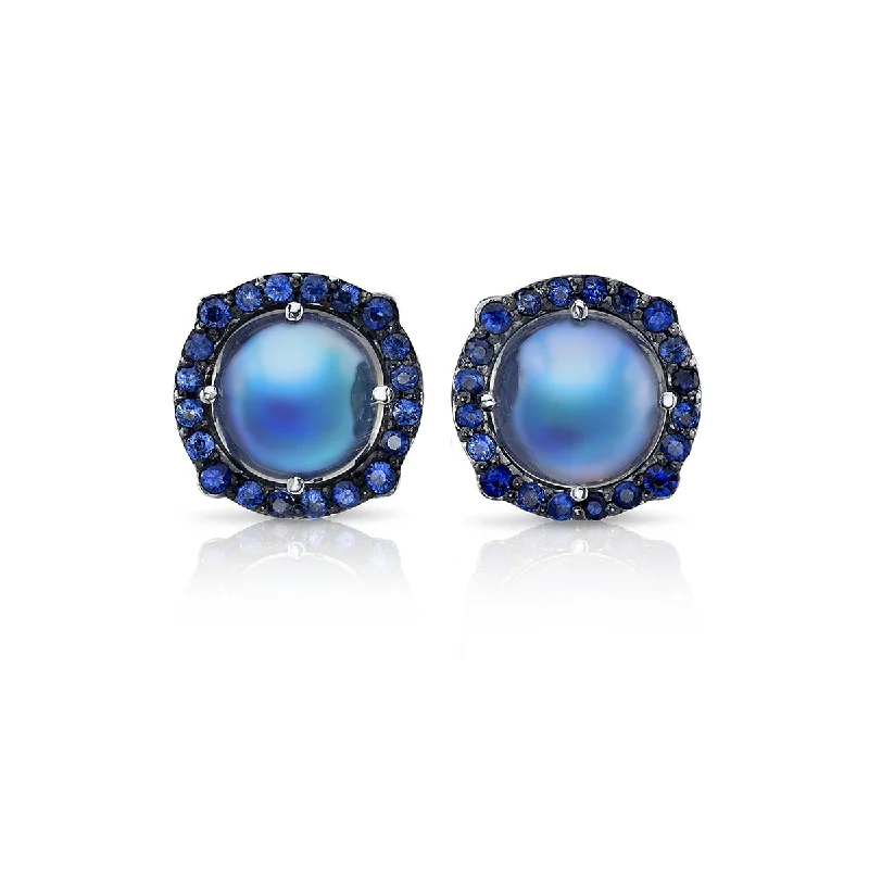 women’s fashion statement earrings-Moonstone and Sapphire Stud Earrings