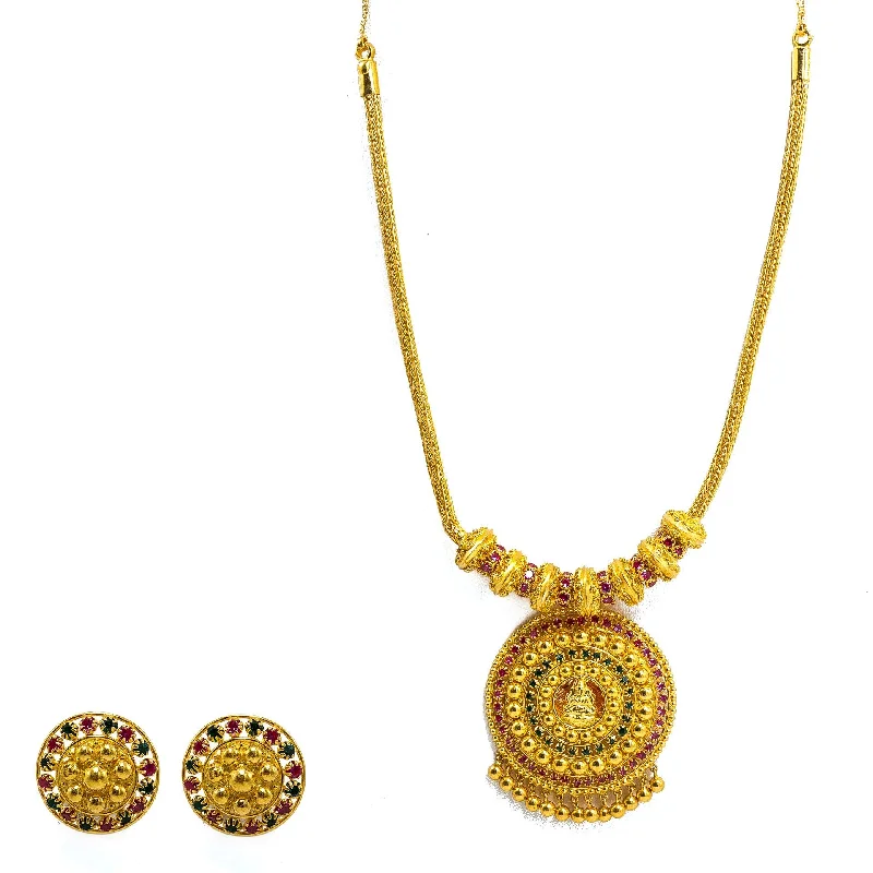 women’s trendy silver necklaces-22K Yellow Gold Necklace & Earrings Set W/ Rubies, Emeralds & Round Beaded Laxmi Pendants