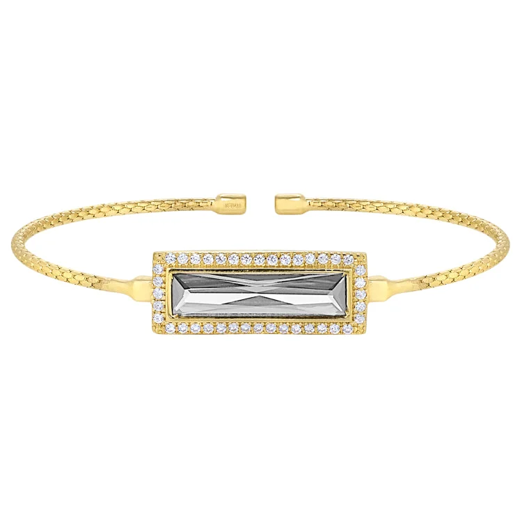 women’s silver bracelets-Gold Finish Sterling Silver Cable Cuff Bracelet with Rectangular Simulated Diamomd Stone and Simulated Diamonds