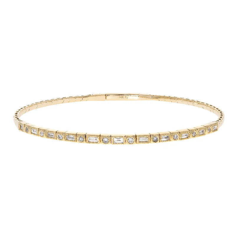 women’s casual bracelets-14K Yellow Gold 0.47cttw. Baguette & Round Diamond Flexible Bangle Bracelet