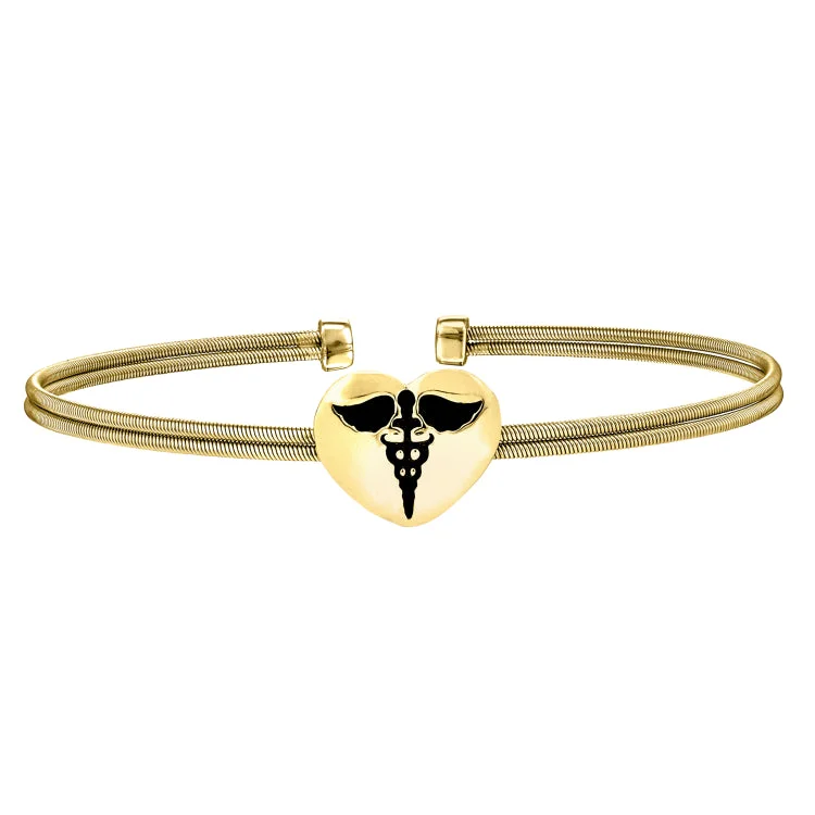 women’s minimalist bracelets-Gold Finish Sterling Silver Two Cable Cuff Bracelet with a Centeral Heart with a Caduceus.