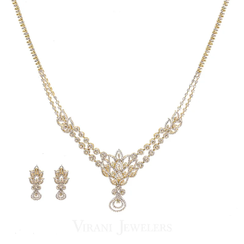 women’s choker with charms necklaces-6.45CT Round Brilliant Diamond Necklace and Earrings Set in 18K Yellow Gold with Leaf Shape