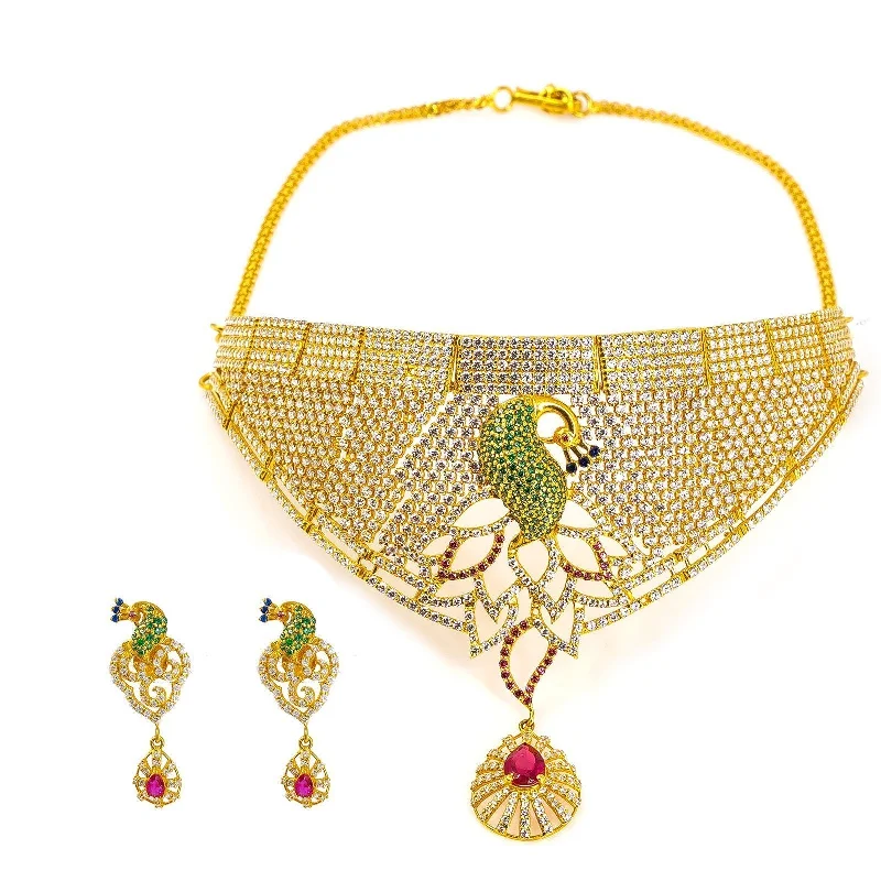 women’s layered gold necklaces-22K Yellow Gold Necklace and Earrings Set W/ Multi Color CZ Encrusted Cascade Bib Frame