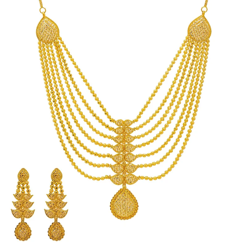 women’s bridal necklaces-22K Yellow Gold Necklace & Earrings Set W/ Draped Gold Ball Strands