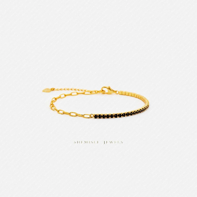 women’s braided bracelets-Tiny Paper clip Chain and Black Gem Links Bracelet, Silver or Gold Plated (6.25" + 1.25") SHEMISLI - SB007