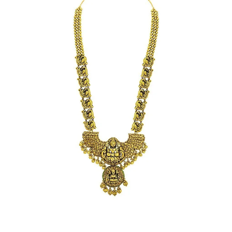 women’s cross necklaces-22K Yellow Gold Antique Temple Necklace W/ Ruby & Emerald on Large Winged Double Laxmi Pendant