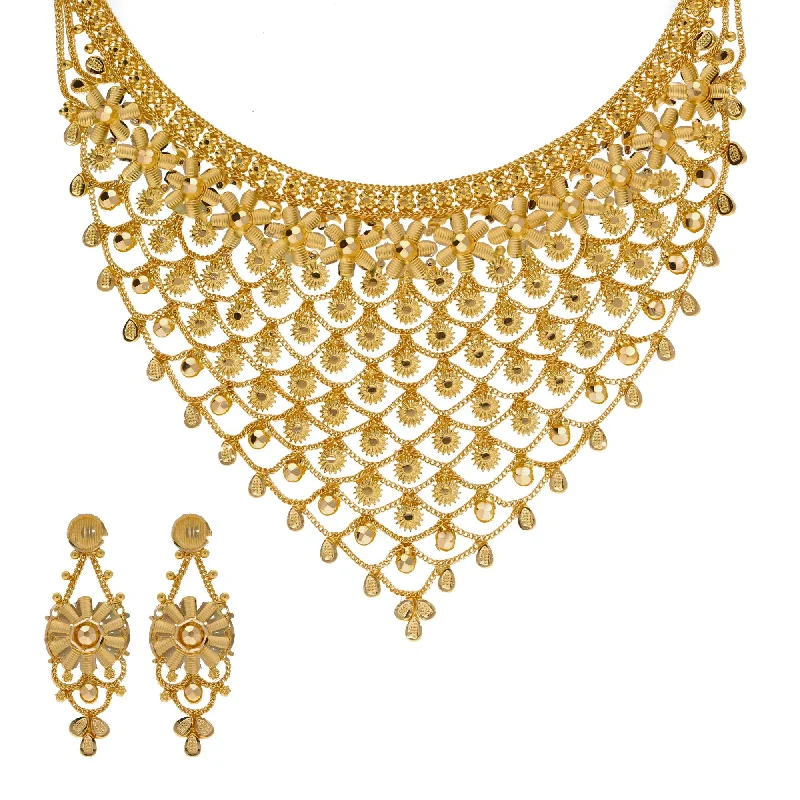 women’s pearl and diamond necklaces-22K Yellow Gold Necklace & Earrings Set W/ Floral Chainmail Design