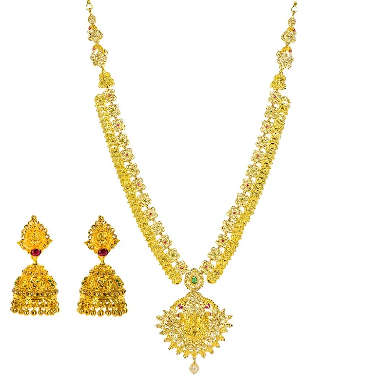 women’s celestial necklaces-22K Yellow Gold Uncut Diamond Laxmi Necklace Set W/ 22.74ct Uncut Diamonds, Rubies, Emeralds, Pearls & Laxmi Kasu