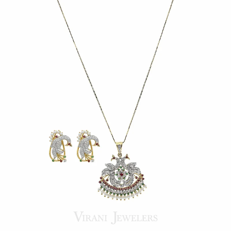 women’s art deco necklaces-2.23CT Diamond Bisou Peacock Necklace & Earring Set in 18K Yellow Gold W/ Multi Gems