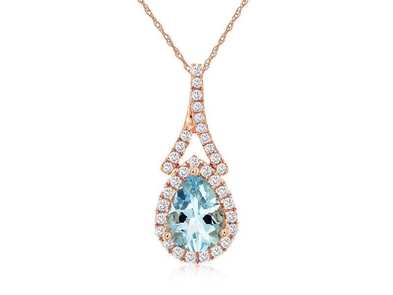 women’s religious necklaces-Rose Gold Aqua Pear And Diamond Halo Necklace