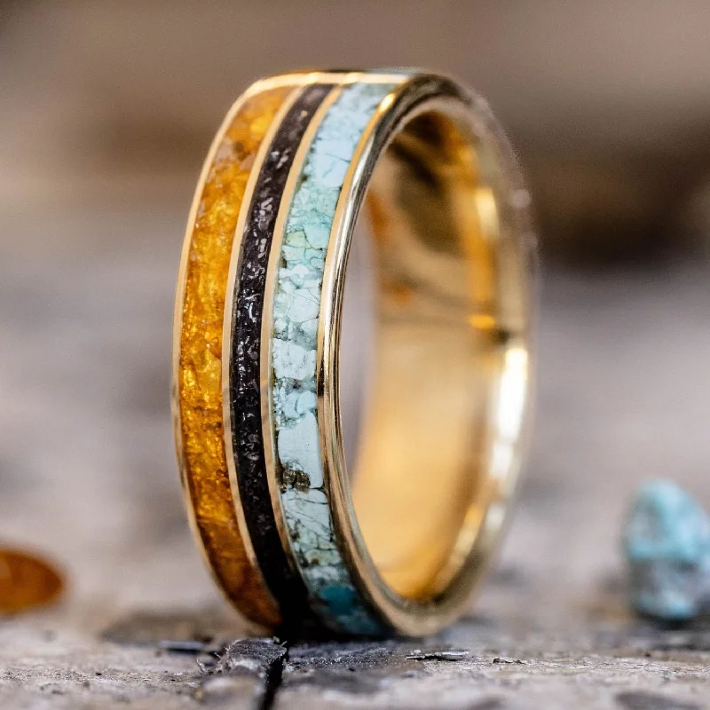 women’s engagement rings-The Cascade | Men's Gold Wedding Band with Meteorite Dust, Turquoise & Fossilized Amber