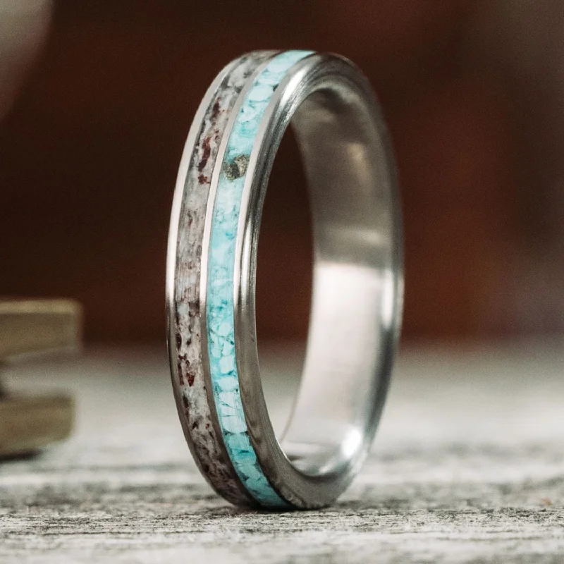 women’s round engagement rings-The Merriam | Women's Titanium, Elk Antler & Turquoise Wedding Band