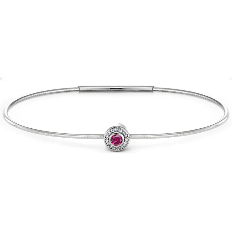 women’s pearl-studded bracelets-Platinum Finish Sterling Silver Round Simulated Ruby Birth Gem Bracelet with Simulated Diamonds