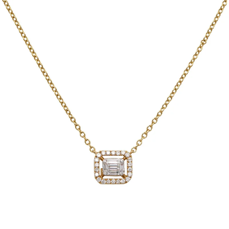 women’s custom-designed necklaces-Baguette Diamond and Halo Necklace, 18K Yellow Gold