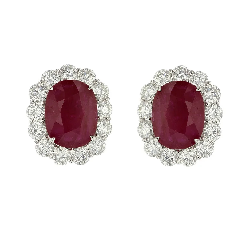 women’s gold earrings-Platinum Cushion-Cut Ruby and Diamond Earrings