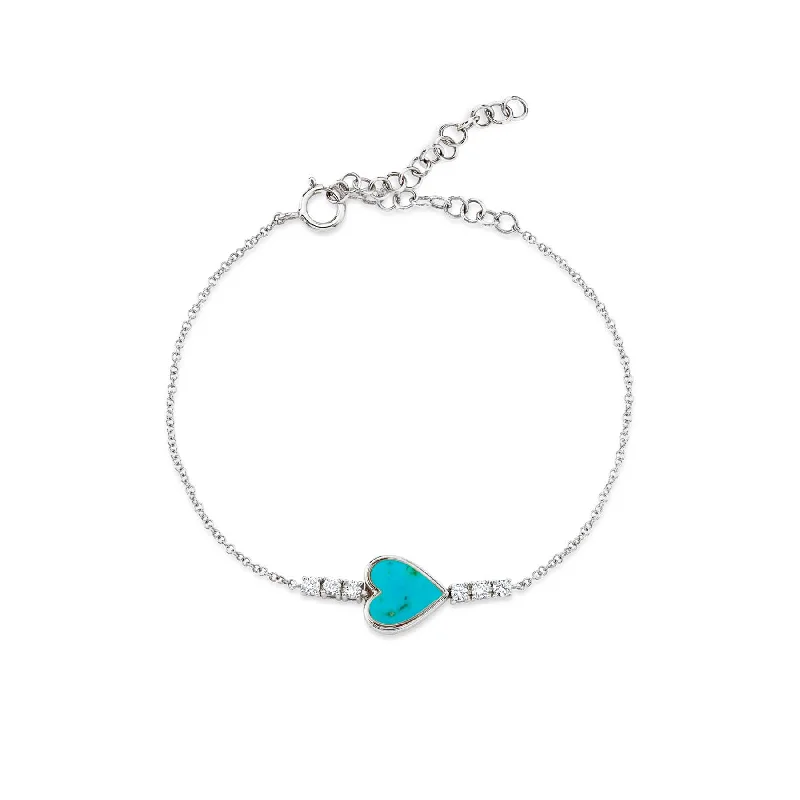 women’s bangle bracelets-Heart Bracelet - White Diamond and Turquoise / 14k White Gold