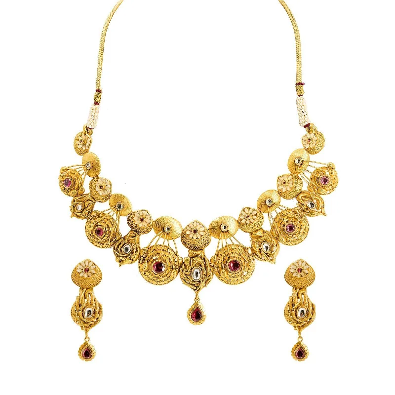 women’s collar necklaces-22K Yellow Gold Antique Bridal Set W/ Kundan & Double Row Ornate Collar Necklace