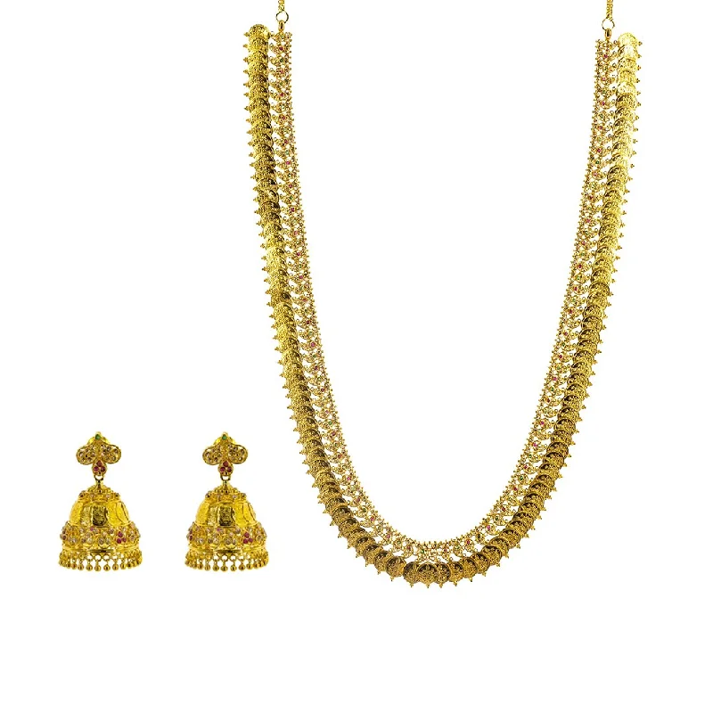 women’s layered gold necklaces-22K Yellow Gold Uncut Diamond Laxmi Necklace & Jhumki Earrings Set W/ 9.5ct Uncut Diamonds, Emeralds & Rubies